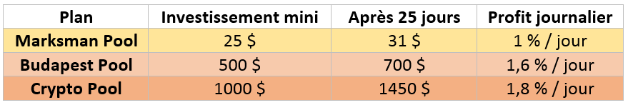 Tableau des rendements des différents pools chez marksman Investments ltd.